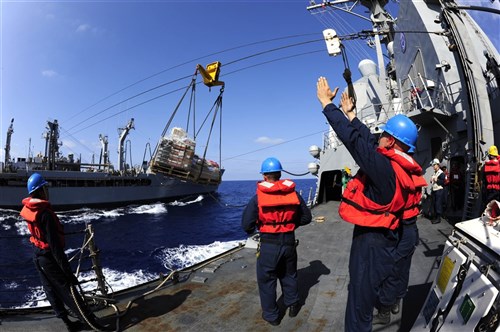 MEDITERRANEAN SEA - Sailors aboard the guided-missile destroyer USS Farragut (DDG 99) prepare to receive pallets of supplies from fleet-replenishment oiler USNS John Lenthall (T-AO 189) during an underway replenishment. Farragut is on a scheduled deployment in support of maritime security operations and theater security cooperation efforts in the U.S. 6th Fleet area of responsibility. 