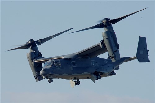 A CV-22B Osprey operated by the 7th Special Operations Squadron from Royal Air Force Mildenhall, England, flies over the flightline at RAF Lakenheath, while enroute for a routine training mission March 11, 2015. The CV-22 is the U.S. Air Force's premier tiltrotor aircraft combining the vertical takeoff, hover and vertical landing qualities of a helicopter with the long-range, fuel efficiency and speed characteristics of a turboprop aircraft. (U.S. Air Force photo by Airman 1st Class Trevor T. McBride/Released)