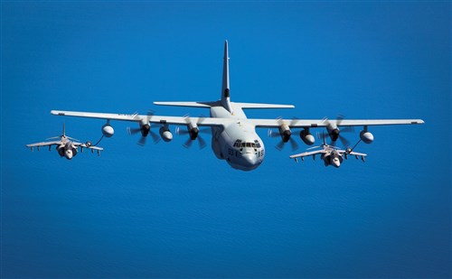 Two Spanish Navy Harriers fly behind a U.S. Marine KC-130J aircraft from Special-Purpose Marine Air-Ground Task Force Crisis Response-Africa during an aerial-refueling exercise off the coast of Spain May 15, 2015. The aerial-refueling capabilities of the KC-130J greatly extend the range and flight times of NATO aircraft. (U.S. Marine Corps photo by Sgt. Paul Peterson/Released)