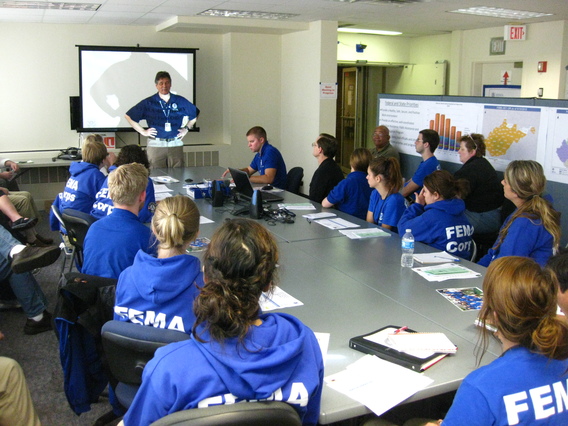 Charleston, W.Va., Oct. 2, 2012 -- WV Federal Coordinating Officer, Dolph Diemont, addresses the newly arrived FEMA Corps teams, Bayou 6 and Summit 3, at the Charleston, WV Joint Field Office (JFO). The 20 members and leaders received a JFO orientation briefing outlining all JFO disaster assistance program areas as background for their assignments at the JFO and the four West Virginia Disaster Recovery Offices.