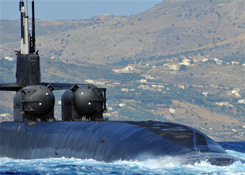 SOUDA BAY, Greece - The Ohio-class guided-missile submarine, USS Florida (SSGN 728), approaches Souda harbor for a port visit on the island of Crete. Florida is homeported in Naval Submarine Base Kings Bay, Ga., and is on a scheduled deployment in the U.S. 6th Fleet area of responsibility. 