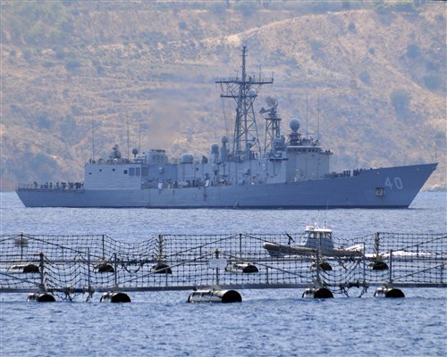 SOUDA BAY, Greece -- USS Halyburton (FFG-40), an OLIVER HAZARD PERRY-class frigate, arrives for a scheduled port visit. Halyburton is homeported in Mayport, Fla. and currently on a scheduled deployment operating in the U.S. 6th Fleet area of responsibility. 