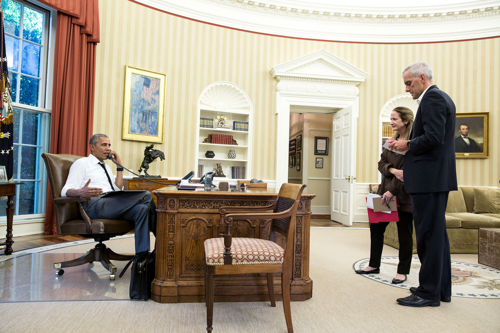 <p>President Barack Obama talks on the phone in the Oval Office with Secretary of State John Kerry regarding the situation in Turkey, July 15, 2016. Chief of Staff Denis McDonough and Avril Haines, Deputy National Security Advisor, listen. (Official White House Photo by Pete Souza)<br />
<br />
This official White House photograph is being made available only for publication by news organizations and/or for personal use printing by the subject(s) of the photograph. The photograph may not be manipulated in any way and may not be used in commercial or political materials, advertisements, emails, products, promotions that in any way suggests approval or endorsement of the President, the First Family, or the White House.</p>