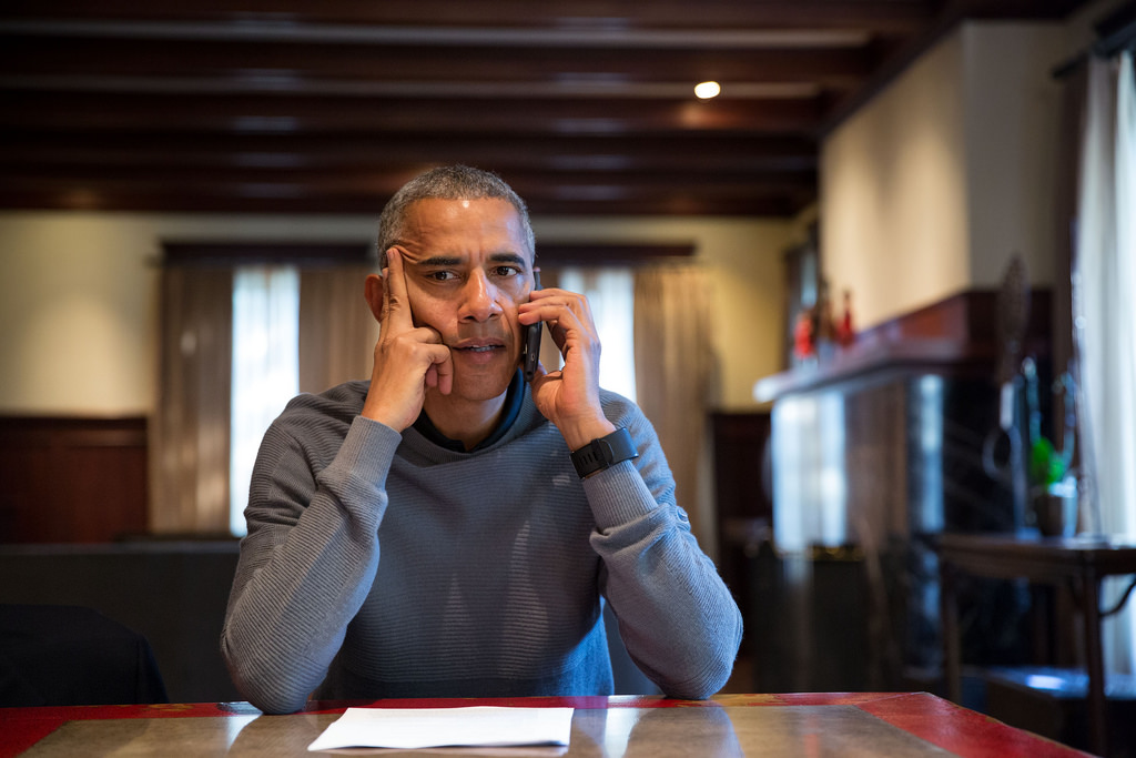 <p>President Barack Obama talks on the phone with FEMA Administrator Craig Fugate to receive an update on Hurricane Matthew, Oct. 8, 2016. The President spoke from his home in Chicago, Ill. (Official White House Photo by Pete Souza)<br />
<br />
This official White House photograph is being made available only for publication by news organizations and/or for personal use printing by the subject(s) of the photograph. The photograph may not be manipulated in any way and may not be used in commercial or political materials, advertisements, emails, products, promotions that in any way suggests approval or endorsement of the President, the First Family, or the White House.</p>