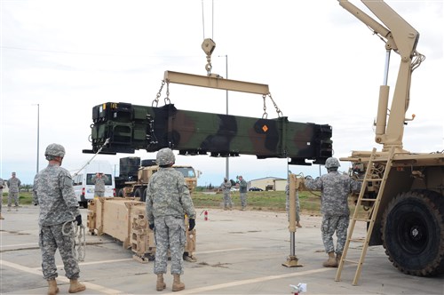 INCIRLIK AIR BASE, Turkey - Soldiers with 3rd Battalion, 2nd Air Defense Artillery Regiment load Patriot missiles onto launchers for air missile defense operations in southern Turkey. U.S. and NATO Patriot missile batteries and personnel deployed to Turkey in support of NATO's commitment to defending Turkey's security during a period of regional instability.