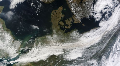 Ash from Iceland&#39;s erupting EyjafjallajjÃkull volcano had drifted over northern Europe by April 16, 2010. The brown ash is mixed with clouds in this photo-like image taken by the Moderate Resolution Imaging Spectroradiometer (MODIS) on NASA&#39;s Terra satellite. (Photo by NASA)