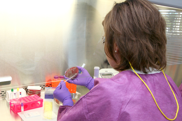 Anniston, Ala., Nov. 18, 2011 -- A lab technician prepares biological materials for use in training scenarios at the Center for Domestic Preparedness (CDP).