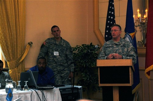 STUTTGART, Germany &mdash; Army Brig. Gen. Jeffery Marshall, Director, Mobilization and
Reserve Component Affairs (ECRA) speaks during the U.S. European Command bi-annual State Partnership Program (SPP) Conference here June 15. The three-day conference will highlight many new initiatives to include SPP partners co-deploying to Operation Enduring Freedom (OEF) in Afghanistan, and include interactive workshops that transform SPP to the next level to ensure it provides comprehensive support for EUCOM&#39;s Strategy of Active Security. (Department of Defense photo by Air Force Tech. Sgt. Rob Hazelett)