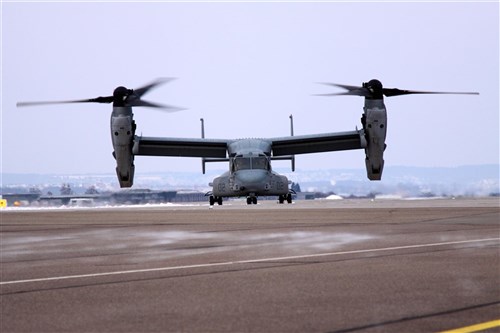 A U.S. Marine Corps MV-22B Osprey tiltrotor aircraft assigned to the Air Combat Element of the 26th Marine Expeditionary Unit, II Marine Expeditionary Force arrives at the Stuttgart Army Airfield March 26, 2013, in Stuttgart, Germany. The aircraft flew to Suttgart to conduct a capabilities demonstration. 