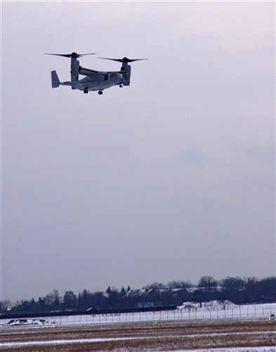 A U.S. Marine Corps MV-22B Osprey tiltrotor aircraft assigned to the Air Combat Element of the 26th Marine Expeditionary Unit, II Marine Expeditionary Force approaches the Stuttgart Army Airfield March 26, 2013, in Stuttgart, Germany. The aircraft flew to Suttgart to conduct a capabilities demonstration. 