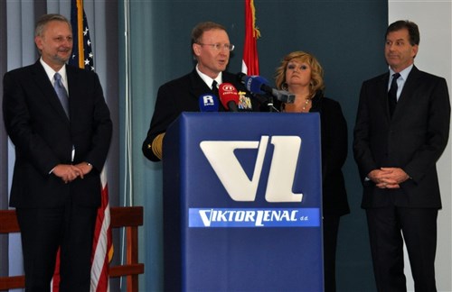 RIJEKA, Croatia (Nov. 9, 2011) - Commander, U.S. 6th Fleet, Vice Adm. Frank Pandolfe (center) speaks to U.S. and Croatian dignitaries and representatives of Viktor Lenac Shipyard in Rijeka, Croatia, while Croatia's Minister of Defense, Dr. Davor Bozinovic (left); U.S. Embassy Official, Duška Lastrić-Durić; and U.S. Ambassador to Croatia, the Honorable James Foley look on. During his remarks, Pandolfe explained that he looks forward to the growing partnership between Croatia and the U.S. and thanked shipyard representatives for their "most impressive skill and tireless dedication, as well as superb teamwork and dedication to safety" during the complex and challenging maintenance period. 