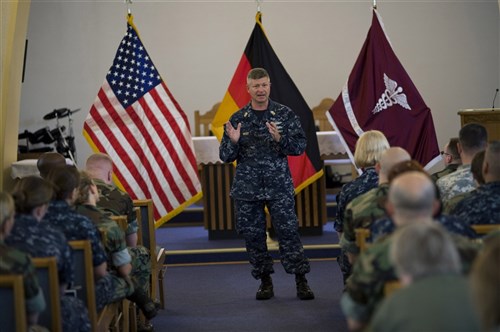 LANDSTUHL, Germany &mdash; Master Chief Petty Officer of the Navy (MCPON) Rick West speaks to more than 200 soldiers, sailors, airmen and Marines assigned to Landstuhl Regional Medical Center (LRMC) in Landstuhl, Germany, during an all hands call at the installation chapel June 9. West&#39;s visit to LRMC is part of a 10-day trip to installations and support elements in Western Europe. (U.S. Navy photo by Mass Communication Specialist 2nd Class Marc Rockwell-Pate)