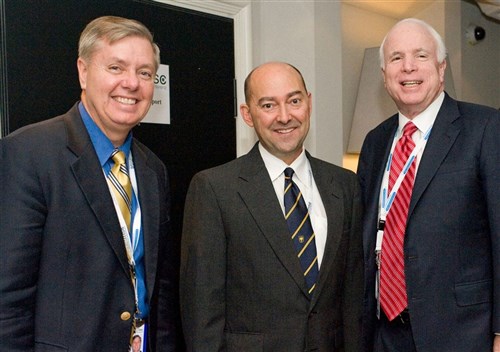 MUNICH, Germany &mdash; Supreme Allied Commander Europe, Adm. James G. Stavridis (center), takes a moment during a break from the 46th Munich Security Conference to pose with senators Lindsay Graham, of South Carolina, and John McCain, of Arizona. The conference allowed senior leaders to debate current and potential national security issues. Stavridis participated in a panel discussion with senior members of the North Atlantic Treaty Organization (NATO) Strategic Concept team of experts - to include team chairman Madeleine Albright. (SHAPE photo by Navy Mass Communication Specialist Stefanie Antosh)