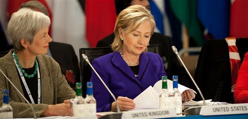 TALLINN, Estonia &mdash; Mariot Leslie, Permanent Representative of the United Kingdom to NATO and US Secretary of State, Hillary Rodham Clinton sit together at the Foreign Ministers meeting, in Tallinn Estonia. (Department of Defense photo)