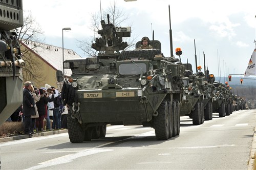 Soldiers with 3rd Squadron, 2nd Cavalry Regiment parade through Rose Barracks, April 1, 2015 after returning from a deployment in support of Operation Atlantic Resolve. Before reaching their home station, 2nd Cavalry Regiment drove 1,800 km from Estonia through Lithuania, Poland, Latvia, the Czech Republic and finally Germany. The road march was called Dragoon Ride and it exercised the unit’s maintenance and leadership capabilities and demonstrated the freedom of movement that exists within NATO. (U.S. Army photo by Visual Information Specialist Markus Rauchenberger/released)