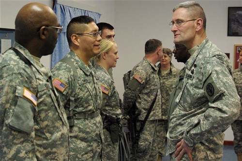 CAMP BONDSTEEL, Kosovo &mdash; Army Brig. Gen. Keith Gallagher, commanding general of the Europe Regional Medical Command, talks with a group of Task Force Med Falcon soldiers during a visit here, March 2. (U.S. Army photo by Sgt. 1st Class Michael Hagburg)