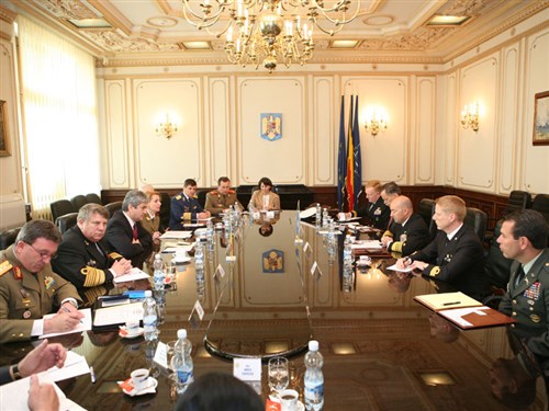 BUCHAREST, Romania &mdash;~ U.S Navy Adm. James G. Stavridis meets with Romanian officials April 28. The meetings were part of the SACEUR&#39;s official visits to the Eastern European NATO countries of Bulgaria and Romania. (Department of Defense photo)