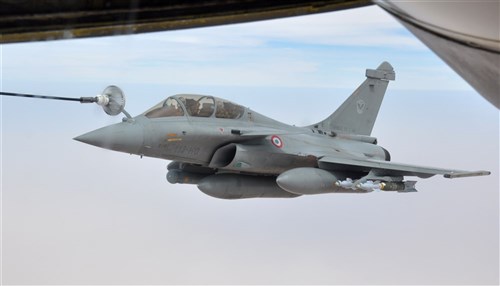 A French fighter aircraft refuels from a KC-135 Stratotanker flown by the 351st Expeditionary Air Refueling Squadron during a March 17, 2013, mission.
 