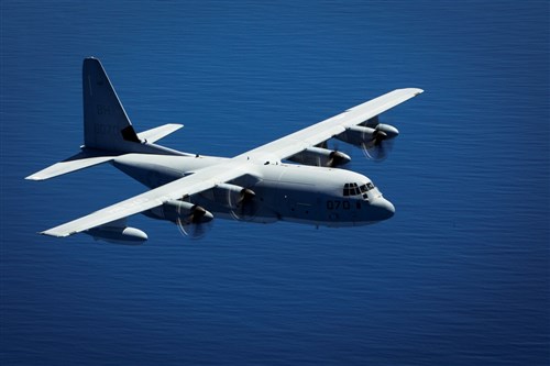 A KC-130J cargo aircraft with Special-Purpose Marine Air-Ground Task Force Crisis Response-Africa conducts a training flight near Morόn Air Base, Spain, May 7, 2015. Pilots with SPMAGTF-CR-AF performed a series of maneuvers to remain proficient in different flying techniques. (U.S. Marine Corps photograph by Lance Cpl. Christopher Mendoza/Released)