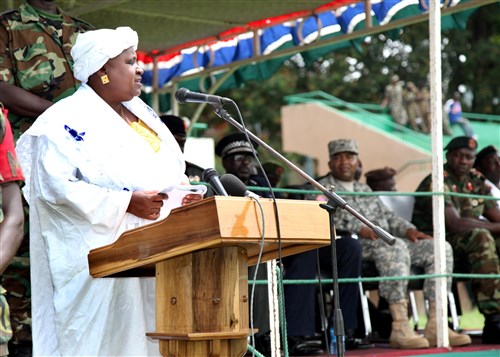 BANJUL, The Gambia - Vice President of The Gambia Isatau Njie-Saidy speaks at the opening ceremony for exercise Africa Endeavor (AE) 2011 in Banjul, The Gambia, July 11.  Africa Endeavor is a U.S. Africa Command-sponsored initiative focusing on interoperability and information sharing among African partner nations. The goal is to develop command, control, and communication tactics, techniques, and procedures that can be used by the African Union (AU) in support of humanitarian assistance, disaster relief and peacekeeping missions.   (AE photo by Susannah Dowell)