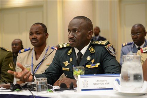 Cameroon Armed Forces Lt. Col. Ndongo Mvé Desiré comments during a table top exercise as part of Africa Endeavor 2015 in Gaborone, Botswana, Aug. 28, 2015. Sponsored by U.S. Africa Command, Africa Endeavor is an annual communications event designed to increase interoperability between partner nations in support of United Nations and African Union peacekeeping, disaster response and humanitarian assistance missions.
