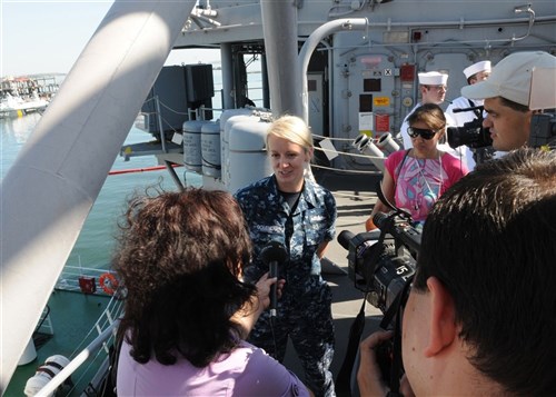 ODESSA, Ukraine (June 7, 2011)-- Cryptologic Technician (Linguistics) 1st Class Diana Oquendo speaks with Ukrainian media during a media availability aboard the guided-missile cruiser USS Anzio (CG 68). Anzio is deployed as part of the George H.W. Bush Carrier Strike Group in support of maritime security operations and theater security cooperation efforts in the U.S. 6th Fleet area of responsibility. (U.S. Navy photo by Mass Communication Specialist 3rd Class Caitlin Conroy/RELEASED)