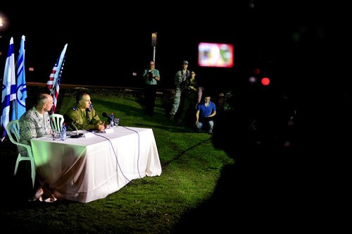 U.S. Air Force Lt. Gen. Craig Franklin and Israeli Brig. Gen. Shachar Shohat speak to the media during Austere Challenge 2012. 10th AAMDC soldiers participate in the joint Austere Challenge 2012 Exercise with Israeli Defense Forces to develop partnered air and missile defense capabilities.