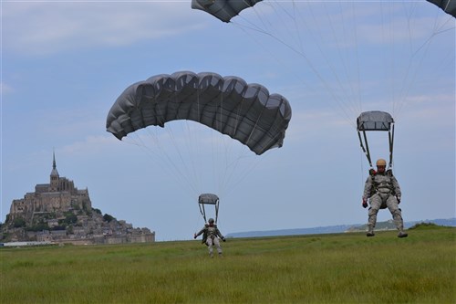 During the 68th anniversary of D-Day, special operations troops stationed in Europe performed a High-Altitude Low-Opening demonstration at Mont Saint Michel in France. 