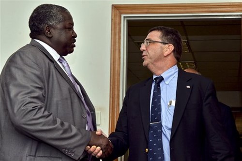 U.S. Deputy Defense Secretary Ash Carter meets with Okello Oryem, the Minister of State for Foreign Affairs at the Ugandan army's general headquarters in Mbuya, Uganda, July 23, 2013. (DOD photo by U.S. Marine Corps Sgt. Aaron Hostutler)