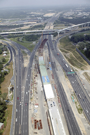 Federal dollars are financing 95 percent of the Springfield Interchange, a project to reconstruct the intersection of Interstates 95, 395, and 495 near Washington, DC. This aerial photograph shows ongoing work on the megaproject.