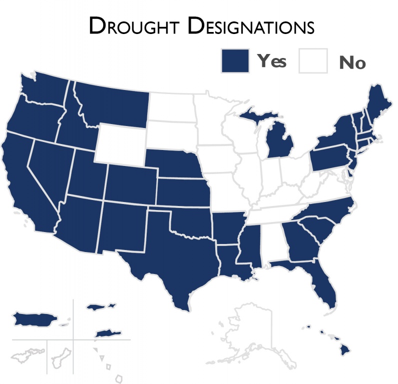 Map of the United States shows which states had USDA drought designations in 2015.