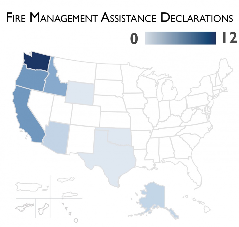 Map of the United States shows the distribution of Fire Management Assistance Declarations by state in 2015.