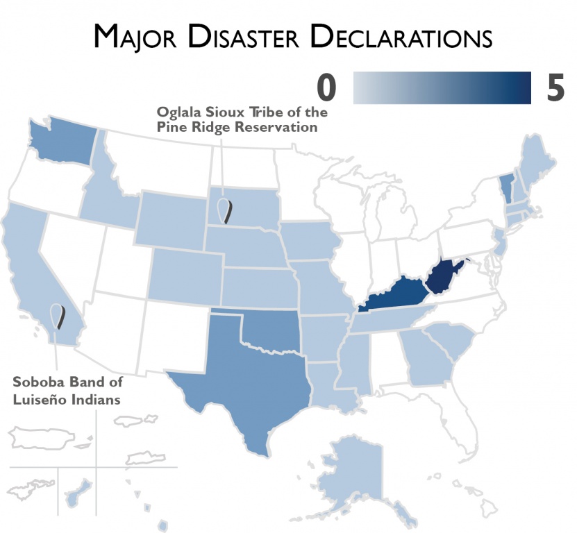 Map of the United States shows the distribution of Major Disaster Declarations by state in 2015.
