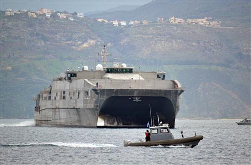 SOUDA BAY, Greece (Feb. 05, 2014) The U.S. Navy's joint, high-speed vessel USNS Spearhead (JHSV 1) arrives in Souda Bay for a scheduled port visit. The U.S. Navy's first-in-class joint, high-speed vessel is on its first operational deployment supporting theater security cooperation efforts and the international collaborative capacity-building program Africa Partnership Station in the U.S. 6th Fleet area of responsibility. (U.S. Navy photo by Paul Farley/Released)