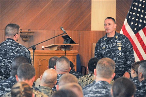 Master Chief Petty Officer of the Navy, Mike Stevens, visited with sailors during an all hands call at U.S. Army Garrison Stuttgart, Germany, August 20, 2014. During his visit Stevens discussed current Navy operations and took questions from sailors to see what they are concerned about. Steven’s visit was part of a three day tour of AFRICOM and EUCOM to speak with Sailors in the Stuttgart, Germany area. (U.S. Navy photo by Mass Communications Chief Mark Richardson, AFRICOM Public Affairs/Released) 