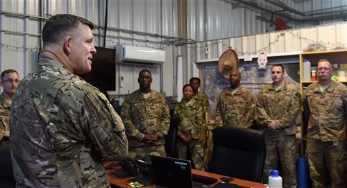 Gen. Frank Gorenc, U.S. Air Forces in Europe and Air Forces Africa commander, speaks with Airmen at Camp Lemonnier, Djibouti, Feb. 2, 2016. His goals were to see how the mission is going, solicit feedback on future plans, and learn more about the Airmen accomplishing the mission here. (U.S. Air Force photo by Staff Sgt. Kate Thornton) 