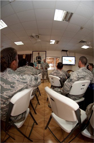 CAMP LEMONNIER, Djibouti (April 6, 2012) - U.S. Army Sgt 1st Class Tony Echevarria, speaks to the Joint Forces Professional Development Seminar about the Army here, April 6. The seminar covered subjects such as military rank structure, customs and courtesies of the four service branches and an understanding of the differences and similarities shared in joint operation environments. (U.S. Air Force photo by Senior Airman Lael Huss)