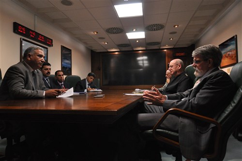 STUTTGART, Germany - Libyan Colonel Abdelgane Mohamed, left, interviews Vice Admiral Robert Moeller, U.S. Africa Command deputy to the commander for military operations (center right), and Ambassador Tony Holmes, deputy to the commander for civil-military activities (right), Sept. 22, 2009, during a visit of a Libyan military delegation. Abdelgane is the space and aviation editor of Al-Musallh Magazine, the official magazine of the Libyan Armed Forces. Seated next to him is Libyan Colonel Mohamed Algale, Al-Musallah&#39;s chief editor. The interview was part of an orientation program Sept. 21-24, 2009, to explain Africa Command&#39;s mission and programs as the two countries continue to build their military relationship. (Photo by Petty Officer 1st Class Daniel Lapierre)