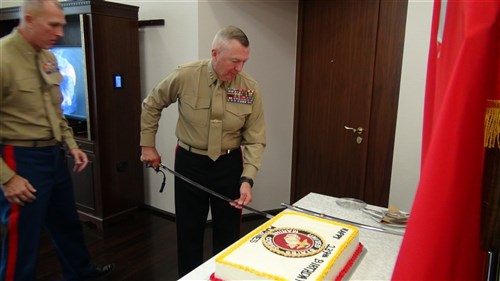 Lieutenant General Steven A. Hummer, U.S. Africa Command's deputy to the commander for military operations (DCMO), cuts a cake for the Marine Corps' 239th birthday at the command's headquarters in Stuttgart, Germany, Nov. 17, 2014.  Marines from the command gathered to celebrate the 239th birthday of the United States Marine Corps with a special ceremony that included a videotaped message from the Commandant and a birthday cake.  Lt. Gen. Steven A. Hummer, Deputy to the Commander for Military Operations, served as they keynote speaker and cut the cake where he served the first pieces to the oldest and youngest Marines in attendance.  Hummer spoke on the important role the Marine Corps has played throughout the history of the United States and why today's Marines must remain focused on their training and always ready to be called upon.