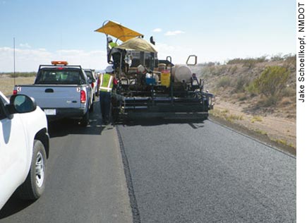 NMDOT used warm-mix asphalt on this pavement preservation project on sections of I–25 in Sierra County. The State has exceeded its goal of using warm-mix asphalt on at least one project in each district.