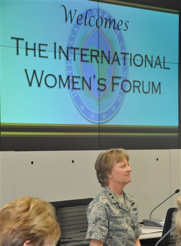 STUTTGART, Germany - Major General Barbara Faulkenberry, U.S. Africa
Command's deputy director for Logistics, listens to a member of the
International Women's Forum (IWF) during a one day visit to AFRICOM
headquarters in Stuttgart, Germany, September 7, 2011.  During their visit,
members of the IWF met with the command's leadership, attended various
briefings to learn about AFRICOM programs and activities, and held
discussions with staff on a variety of topics. IWF is a global organization
of women aimed at advancing women's leadership across careers, cultures and
continents by connecting the world's most prominent women of significant and
diverse achievement.  (U.S. AFRICOM photo by Nancy Hudson)
