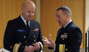 Chief of Naval Research Rear Adm. Mat Winter, right, talks with Rear Adm. Veijo Taipalus, commander of the Finnish navy. Both attended the International Cooperative Engagement Program for Polar Research (ICE-PPR), a first-ever gathering of senior defense officials to coordinate science and technology research in high latitudes. (U.S. Navy photo by: Lt. Marten Coulter)