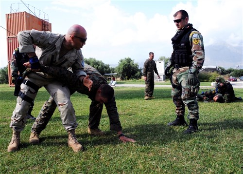 SOUDA BAY, Crete (May 27, 2011)  â? Greek Special Forces Ens. Alexander Tsaltas, left, an instructor at the NATO Maritime Interdiction Operational Training Center (NMIOTC), demonstrates to a member of Greece&#39;s maritime interdiction operations boarding team how to perform a proper takedown on an uncooperative member of a suspect vessel&#39;s crew during a Phoenix Express 2011 (PE-11) defense tactics exercise in Souda Bay, Crete.  A three-week exercise divided into two phases of training, PE-11 is designed to enhance regional maritime partnerships among the 13 participating nations in their efforts to deter illicit trafficking at sea.  (U.S. Navy photo by Mass Communication Specialist 2nd Class (SW) Jeff Troutman/Released)