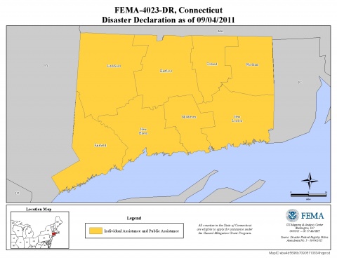 Map of declared counties for [Connecticut Tropical Storm Irene (DR-4023)]