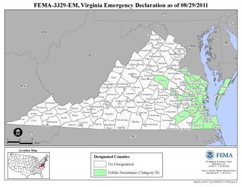 Map of declared counties for [Virginia Hurricane Irene (EM-3329)]