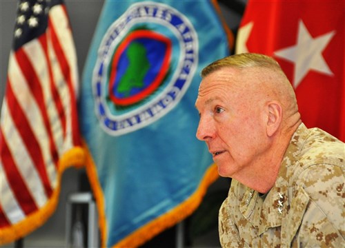 U.S. Marine Corps Lt. Gen. Steven Hummer, U.S. Africa Command Deputy for Military Operations, addresses a group of military officers and civilians who are students from the Defence Academy of the United Kingdom and participants in the Higher Command and Staff Course.  As part of their professional development, they had an opportunity to hear from U.S. Africa Command senior leaders and staff experts during an afternoon session of briefings conducted at the Rogers Center on Patch Barracks at the U.S. Army Garrison in Stuttgart, Germany on March 13.