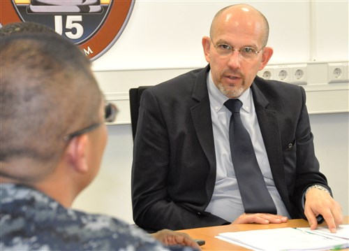 Multinational Cooperation Center hosts initial NATO staff exchange: Michel Soula, Head of all NATO Operations but Afghanistan, met with AFRICOM staff during a recent staff exchange visit, conducted Sept. 10, 2015, at AFRICOM’s headquarters, U.S. Army Garrison, Stuttgart, GE. The MNCC is AFRICOM’s hub for multinational cooperation and is primarily responsible for integrating international partners into staff processes that inform strategic planning and operations.  (USAFRICOM photo by Brenda Law/Released)