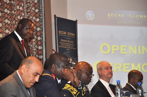 COTONOU, Benin - Lieutenant Colonel Abdourahmane Dieng, head of ECOWAS security, delivers a speech during the opening ceremony of the Economic Community of Central African States (ECCAS) and Economic Community of West African States (ECOWAS) Maritime Safety and Security Conference in Cotonou, Benin, March 28, 2012. During the first two days of the Conference, delegates came together with technical and legal experts from ECCAS and ECOWAS to focus on maritime security in Africa. (U.S. AFRICOM photo by Staff Sergeant Olufemi Owolabi)