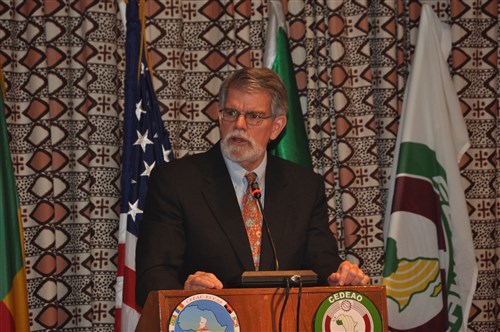 COTONOU, Benin - Ambassador J. Anthony Holmes, U.S. Africa Command's deputy to the commander for civil-military activities, speaks to participants of the Economic Community of Central African States (ECCAS) and Economic Community of West African States (ECOWAS) Maritime Safety and Security Conference held in Cotonou, Benin, March 28-29, 2012.  More than 250 representatives from more than 20 African nations attended the conference, which was held to facilitate cooperation between both African communities in order to provide regional maritime security in the Gulf of Guinea. The event was organized and facilitated by U.S. Africa Command and Africa Center for Strategic Studies. (U.S. AFRICOM photo by Staff Sergeant Olufemi A. Owolabi) 