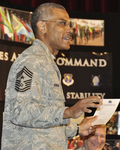 Chief Master Sergeant Jack Johnson, Jr., at his change of responsibility ceremony, March 11, 2011 (File photo, AFRICOM Public Affairs)